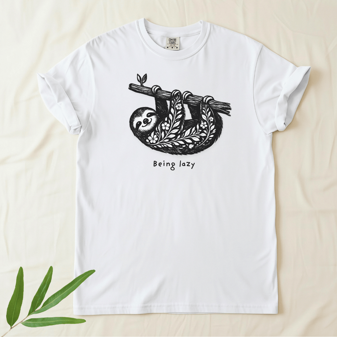 White Comfort Colors 1717 t-shirt with Being Lazy sloth folk art graphic