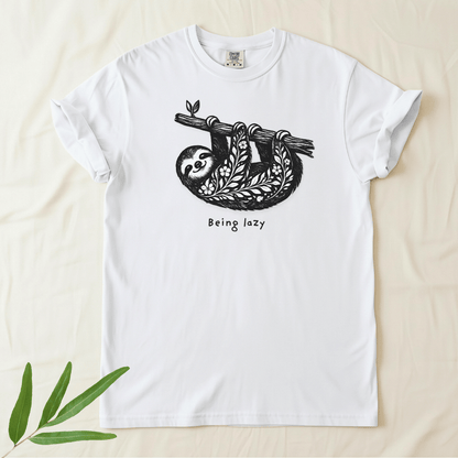 White Comfort Colors 1717 t-shirt with Being Lazy sloth folk art graphic