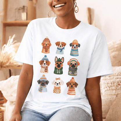 White Comfort Colors 1717 t-shirt with cozy puppies in knitwear design