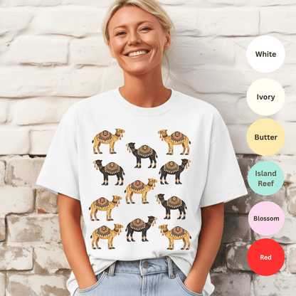 White Comfort Colors 1717 t-shirt with retro camel pattern in earthy tones