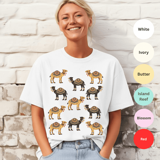 White Comfort Colors 1717 t-shirt with retro camel pattern in earthy tones