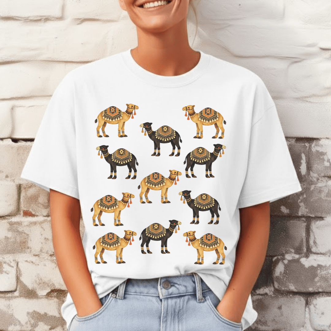 White Comfort Colors 1717 tee with desert caravan camel graphic in warm pigments