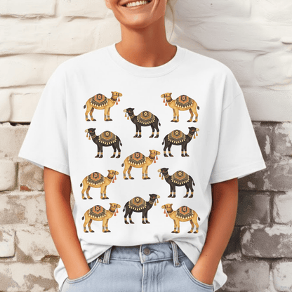 White Comfort Colors 1717 tee with desert caravan camel graphic in warm pigments