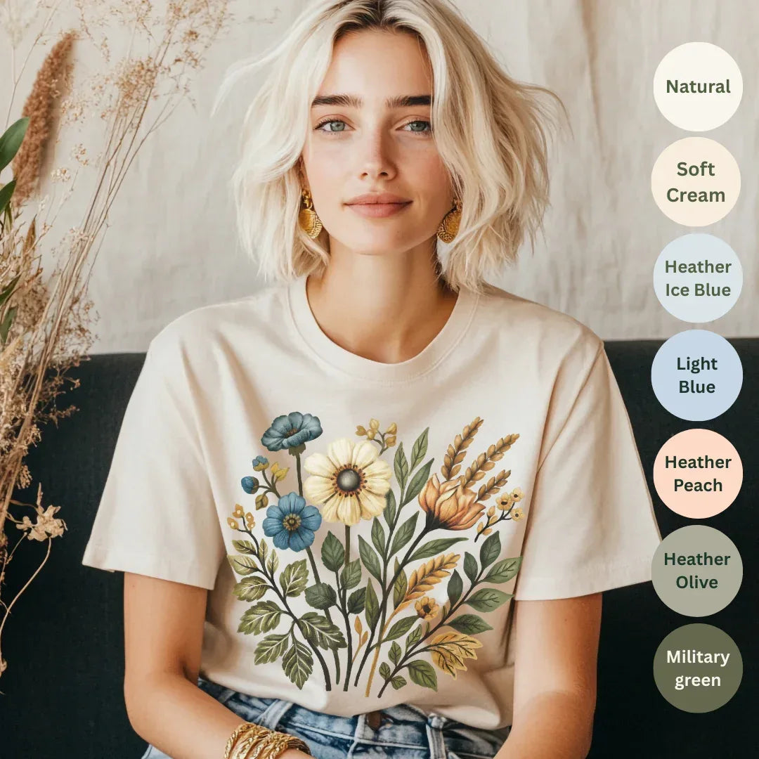 Wildflower Cotton Floral T-Shirt — color options Natural, Soft Cream, Heather Peach, Light Blue, Heather Ice Blue, Heather Olive, Military Green — Bella+Canvas 3001