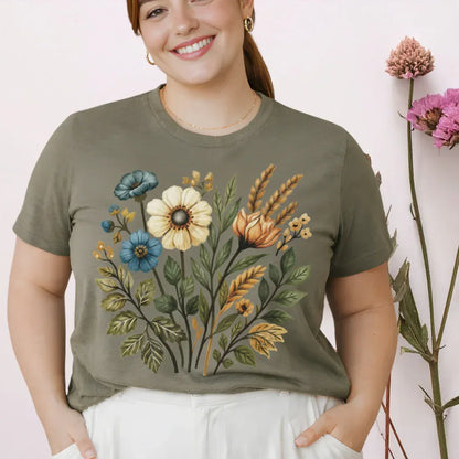 Wildflower Cotton Floral T-Shirt in Heather Olive — folk garden wildflower print detail