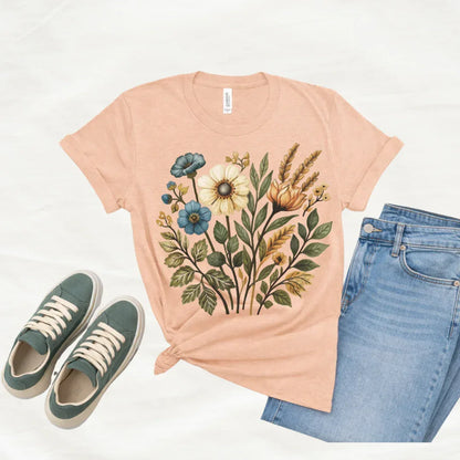 Wildflower Cotton Floral T-Shirt in Heather Peach — autumn wildflower folk art tee