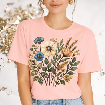 Wildflower Cotton Floral T-Shirt in Heather Peach — botanical floral folk art tee
