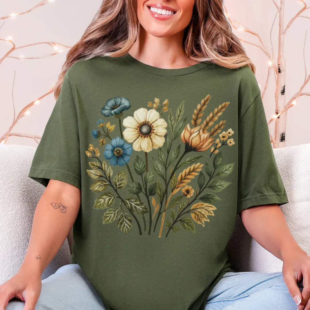 Wildflower Cotton Floral T-Shirt in Military Green — botanical floral folk art tee