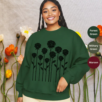 Wildflower Folk Crewneck Sweatshirt — color options Forest Green, Military Green, Maroon — Gildan 18000