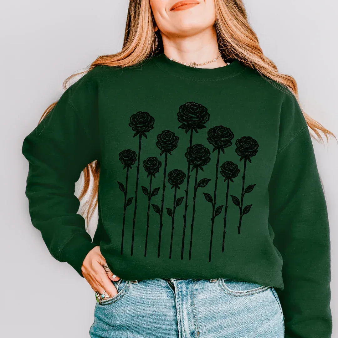Wildflower Folk Crewneck Sweatshirt in Forest Green — tall wildflower silhouette folk art print