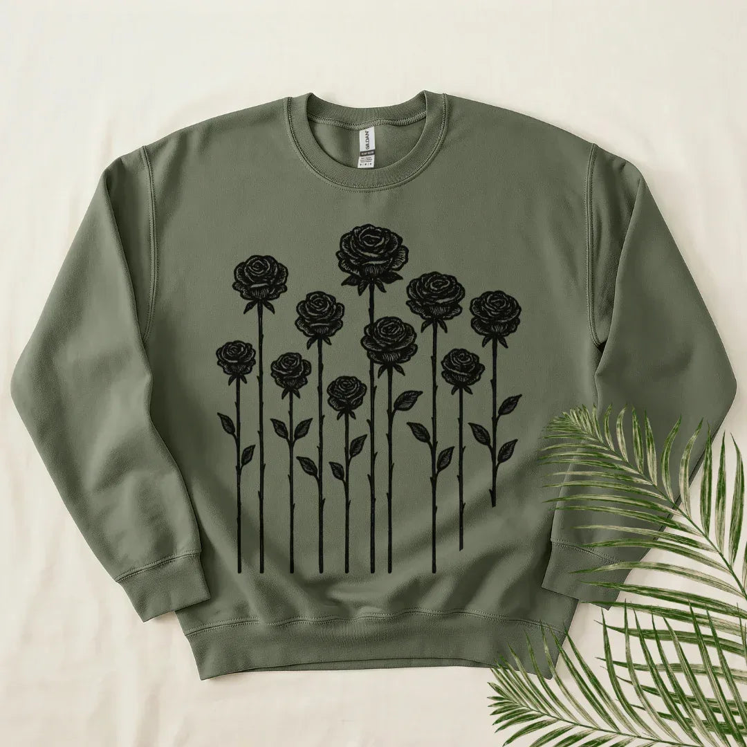 Wildflower Folk Crewneck Sweatshirt in Military Green — folk garden wildflower print detail