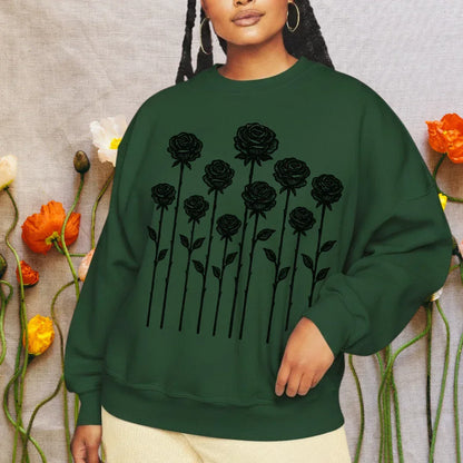 Wildflower Folk Crewneck Sweatshirt in forest  Green — folk garden wildflower print detail- plus size