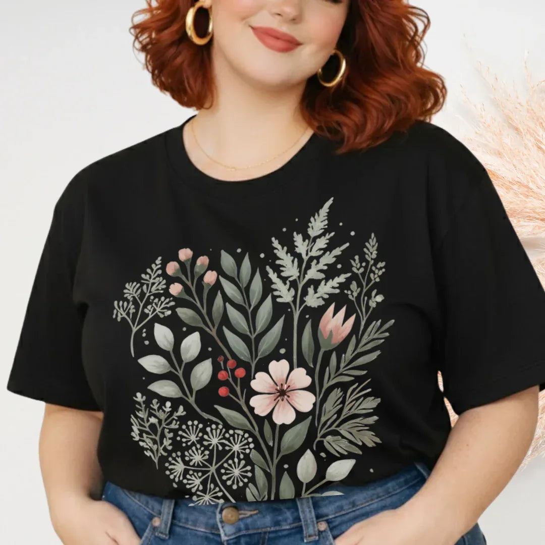 Woodland blush flower folk art tee in black — earthy botanical Comfort Colors shirt