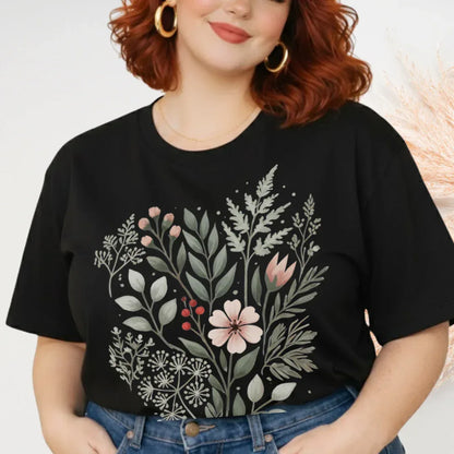 Woodland blush flower folk art tee in black — earthy botanical Comfort Colors shirt