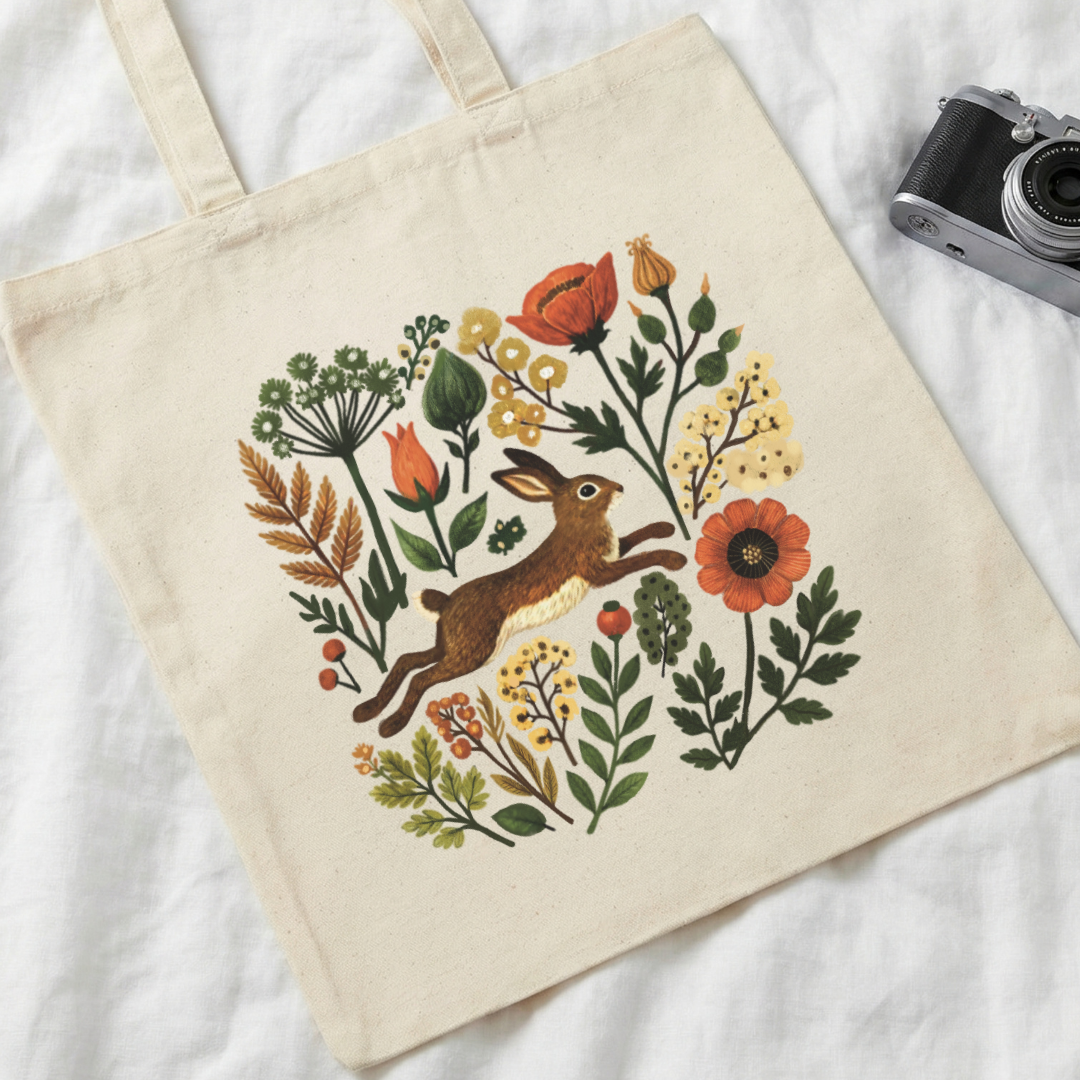 Woodland hare floral print, natural canvas cotton tote bag