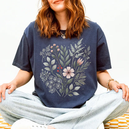 Woodland leaves and blush flower tee in navy — cottagecore dark botanical folk shirt