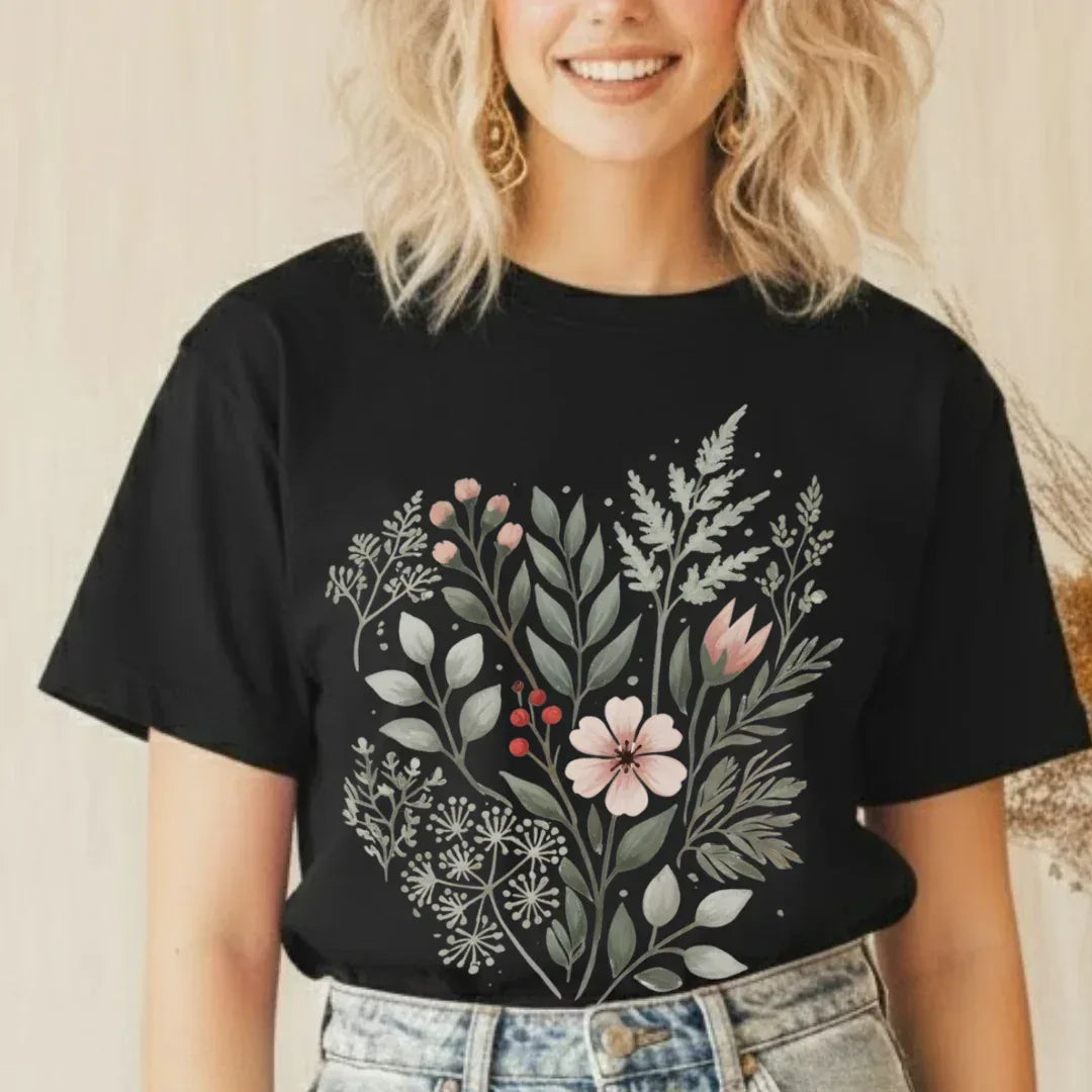 Woodland leaves blush flower tee in black — dark botanical folk art graphic shirt for women