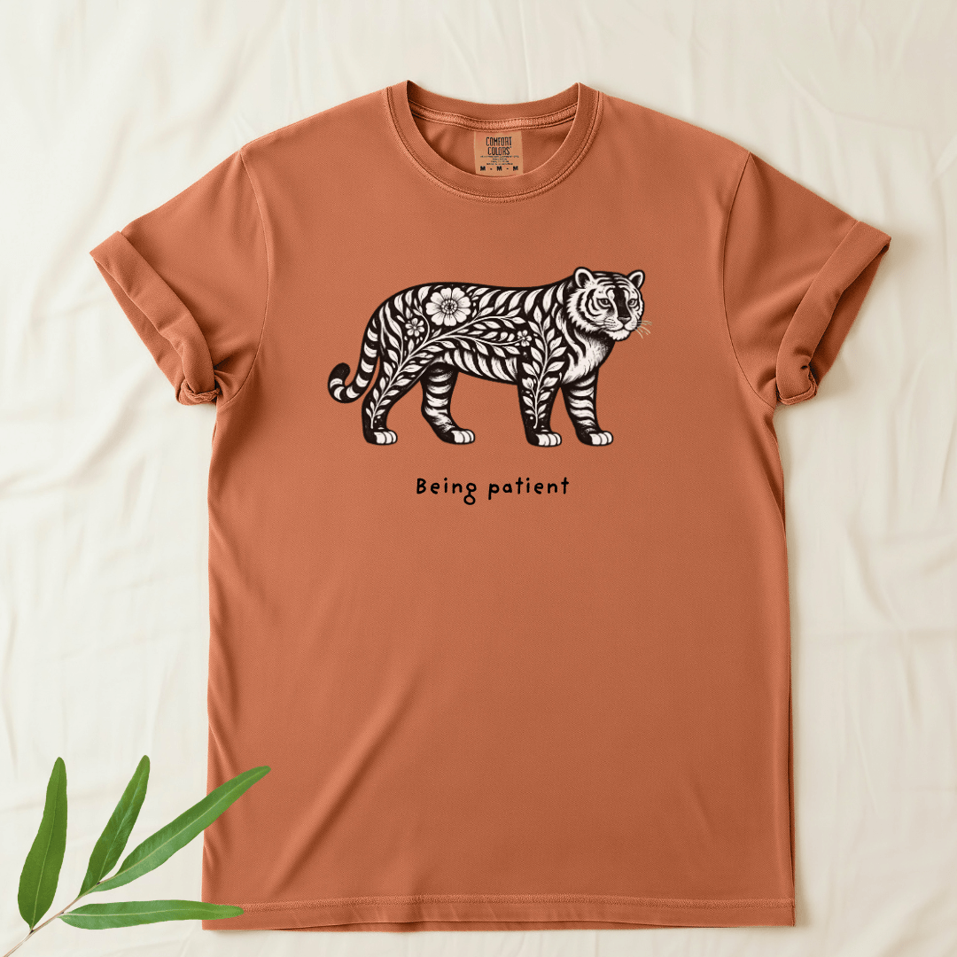 Yam orange Comfort Colors 1717 t-shirt with Being Patient tiger illustration