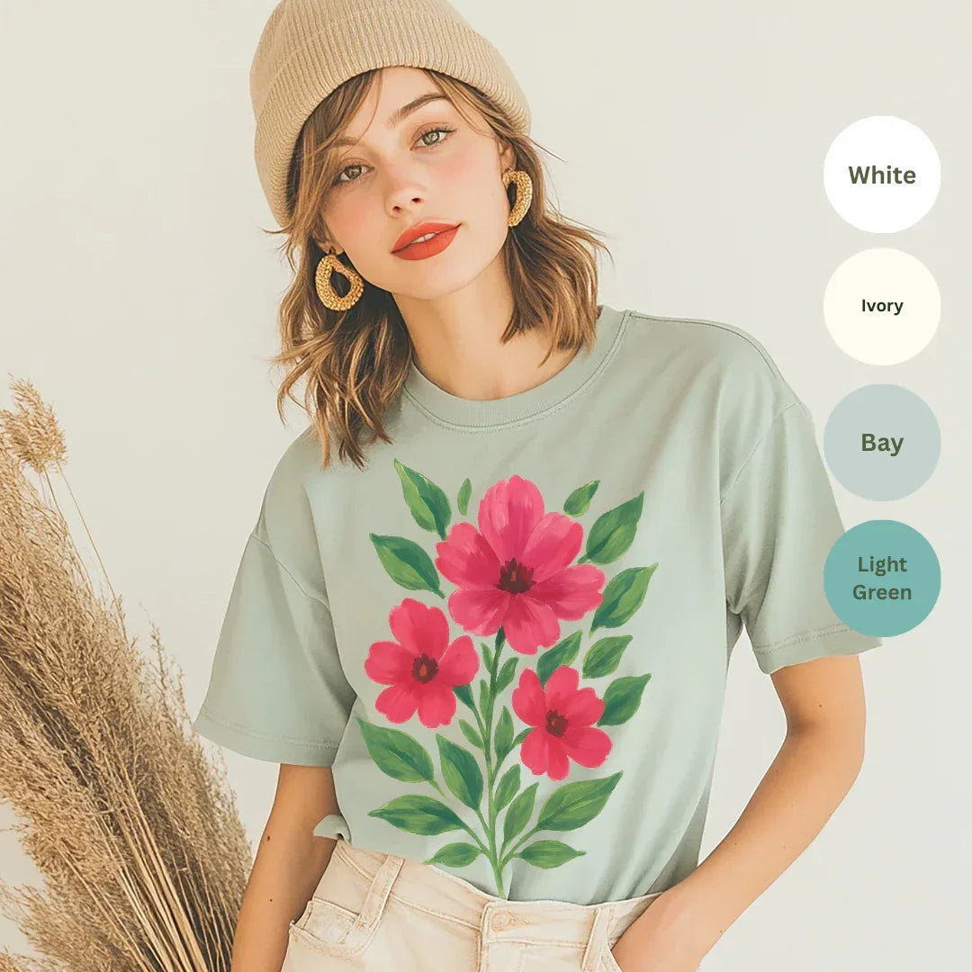 bold pink blooms folk art tee in bay green — hand-painted pink floral graphic shirt by The Folk Brush