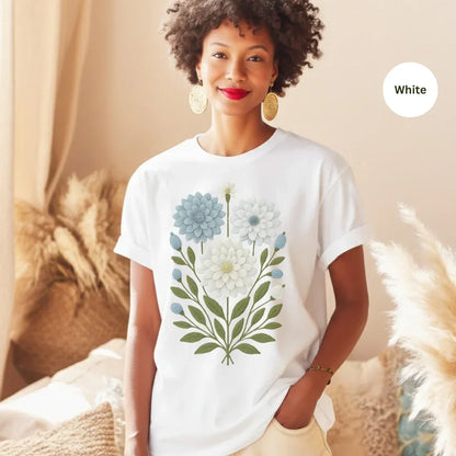 faux embroidery blue bloom garden t-shirt in white — hand-painted folk floral tee by The Folk Brush