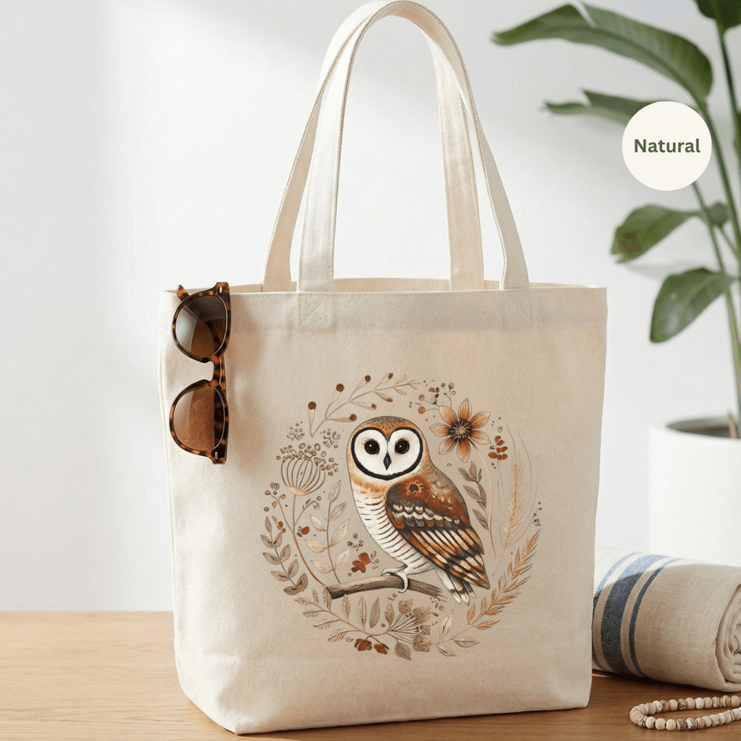 floral owl folk art cotton canvas tote bag in natural — hand-painted owl botanical tote by The Folk Brush