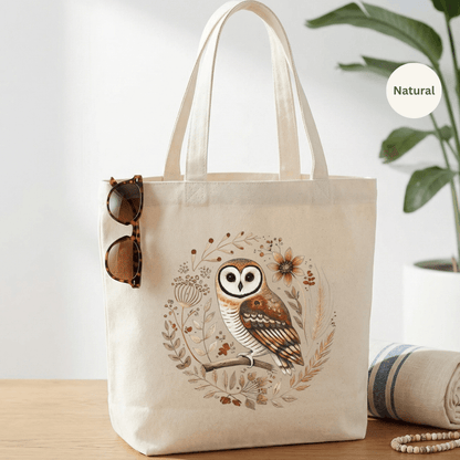 floral owl folk art cotton canvas tote bag in natural — hand-painted owl botanical tote by The Folk Brush