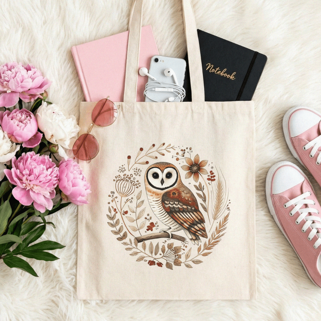 floral owl folk art cotton canvas tote bag in natural — hand-painted owl botanical tote 