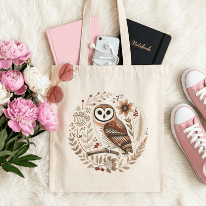 floral owl folk art cotton canvas tote bag in natural — hand-painted owl botanical tote 