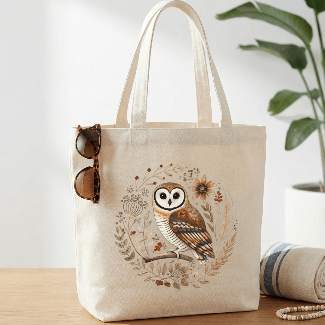 folk art cotton canvas tote bag in natural — hand-painted owl botanical tote by The Folk Brush
