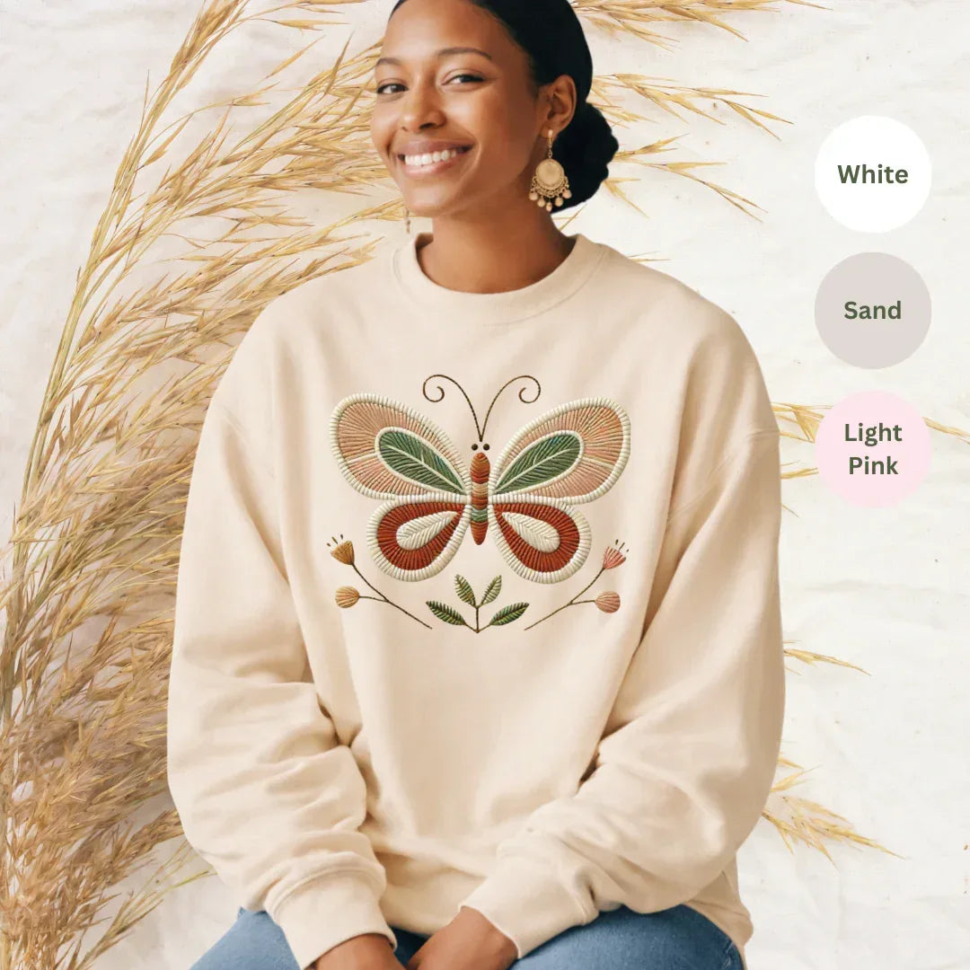 folk butterfly faux embroidery sweatshirt in white — stitched look butterfly crewneck by The Folk Brush