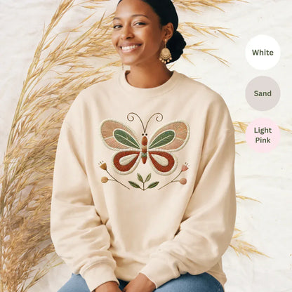 folk butterfly faux embroidery sweatshirt in white — stitched look butterfly crewneck by The Folk Brush