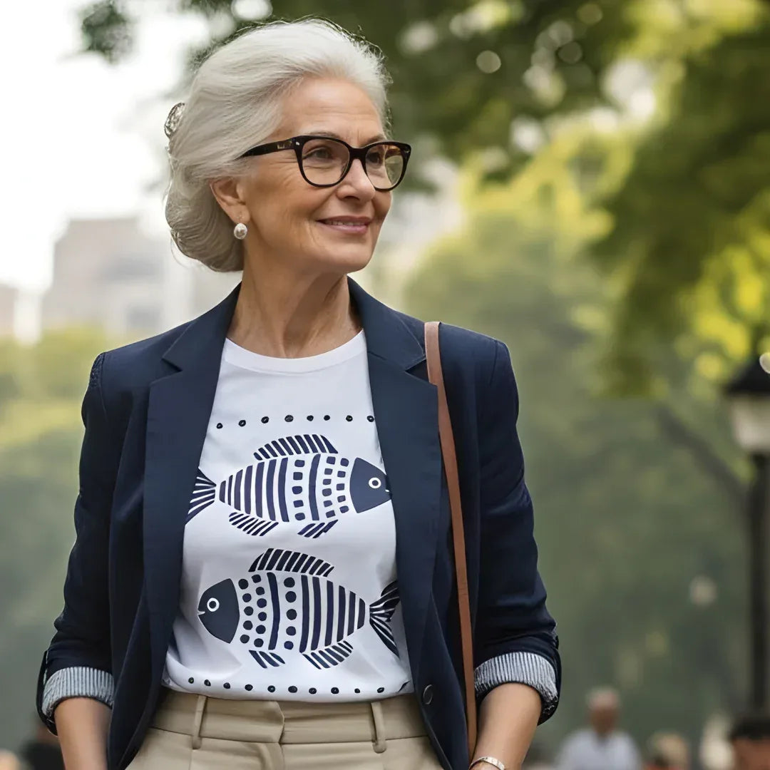 folk fish graphic tee with navy blazer — versatile folk art tee for all ages