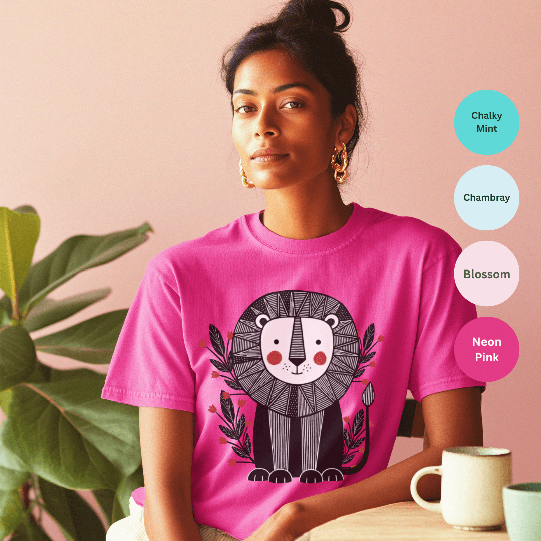 folk_playful_lion_illustration_t-shirt_in_blossom_hand-painted_whimsical_lion_graphic_tee_by_The_Folk_Brush
