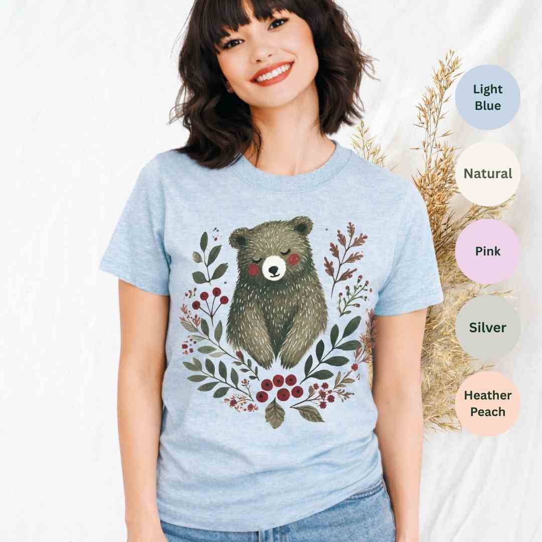 folk woodland bear graphic tee in light blue — hand-painted bear folk art t-shirt by The Folk Brush