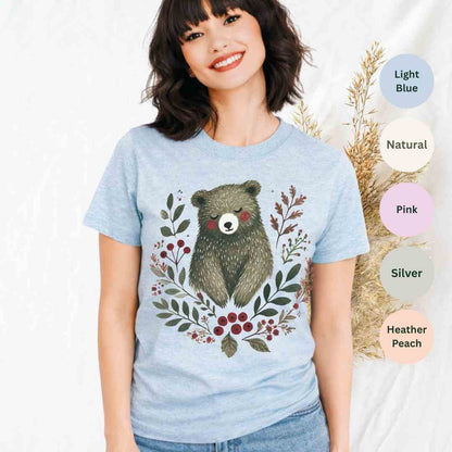 folk woodland bear graphic tee in light blue — hand-painted bear folk art t-shirt by The Folk Brush