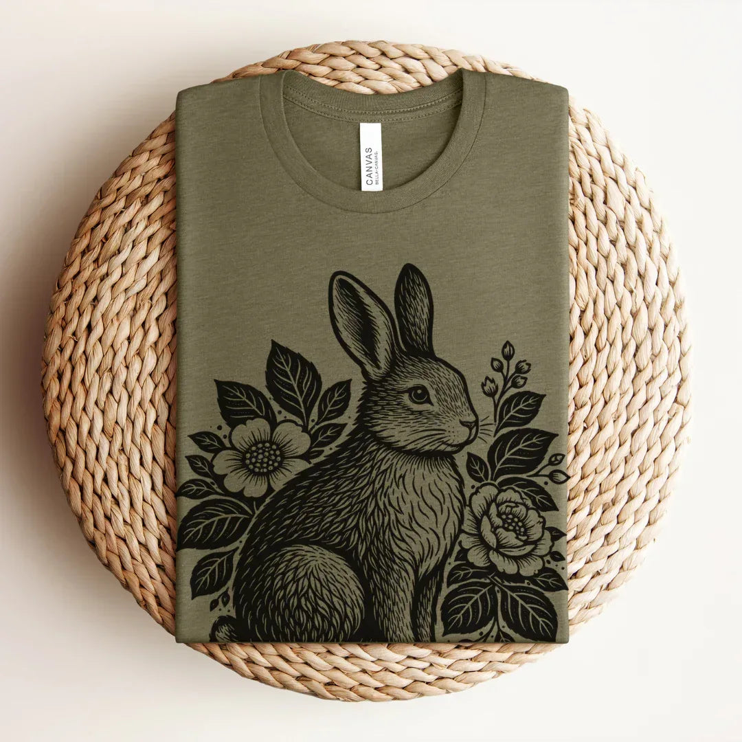green rabbit and wildflower graphic shirt