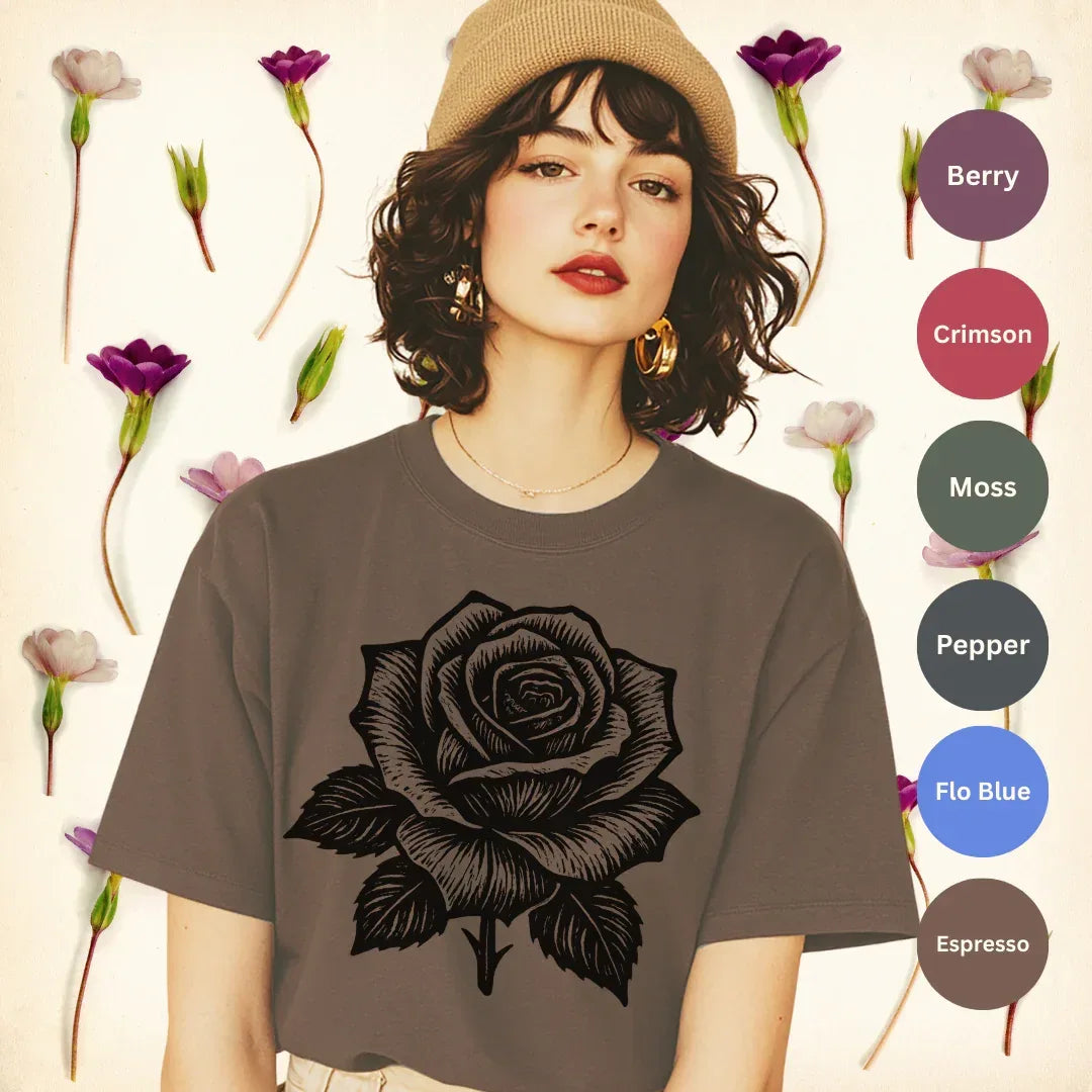 intage black rose t-shirt in espresso — bold botanical rose graphic tee by The Folk Brush