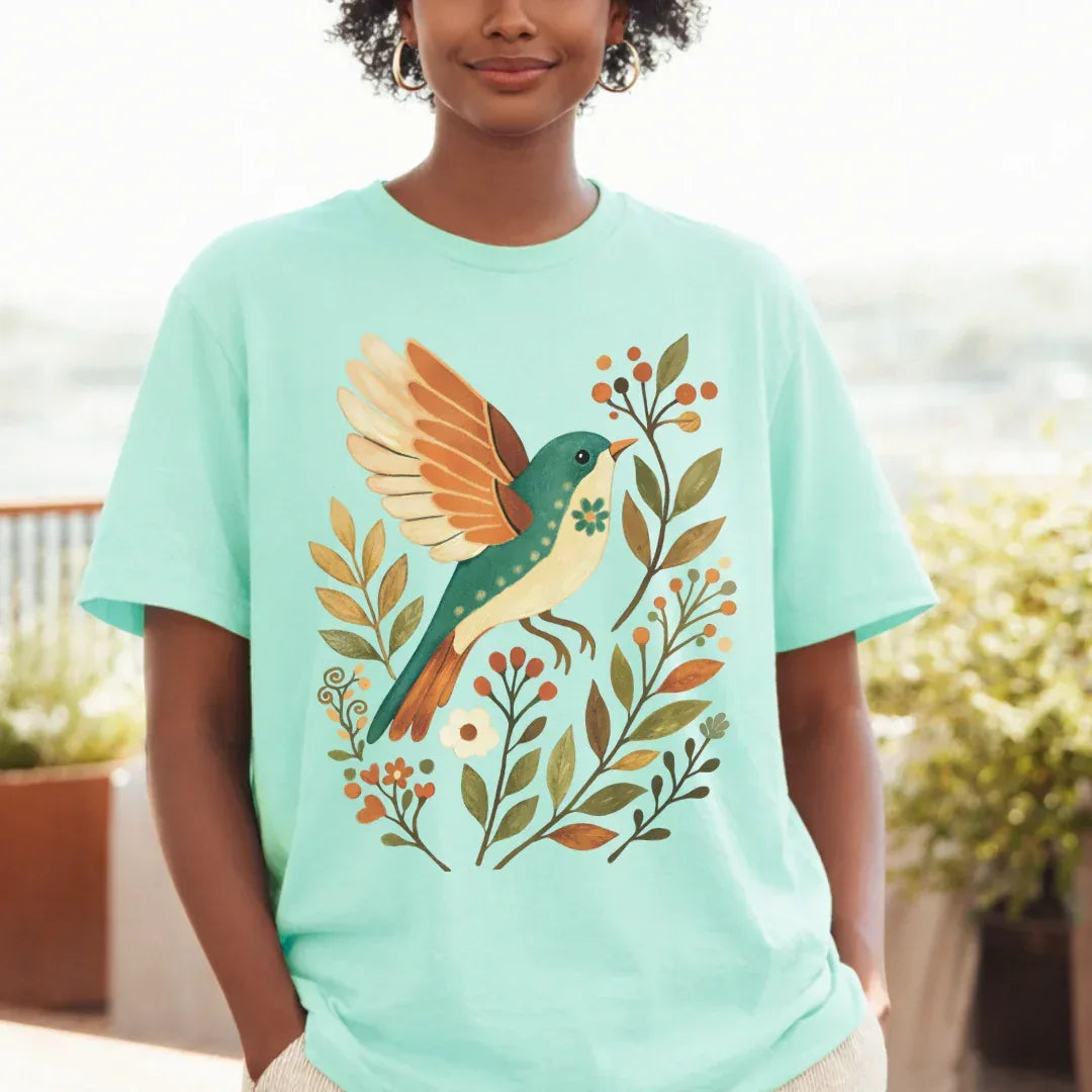 mint color cotton graphic tee with a bird