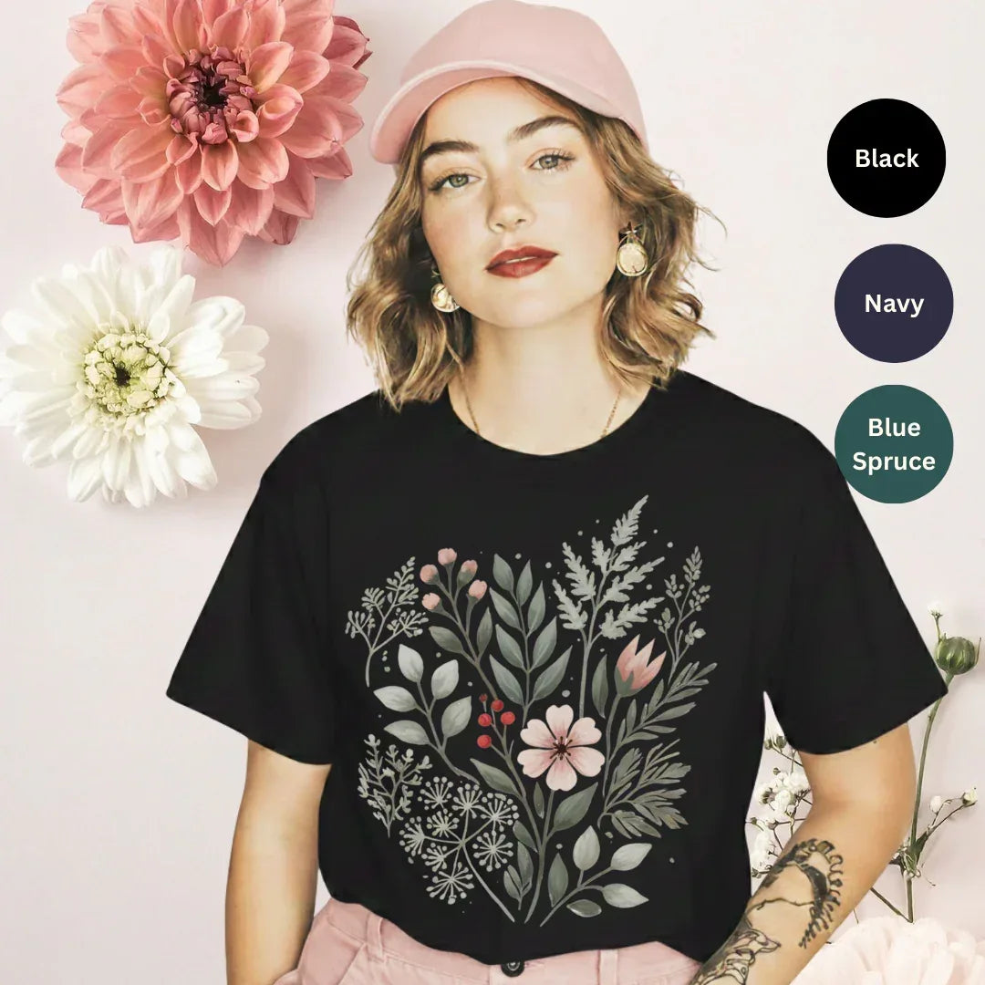 oodland leaves and blush flower folk art tee in black — hand-painted botanical shirt by The Folk Brush