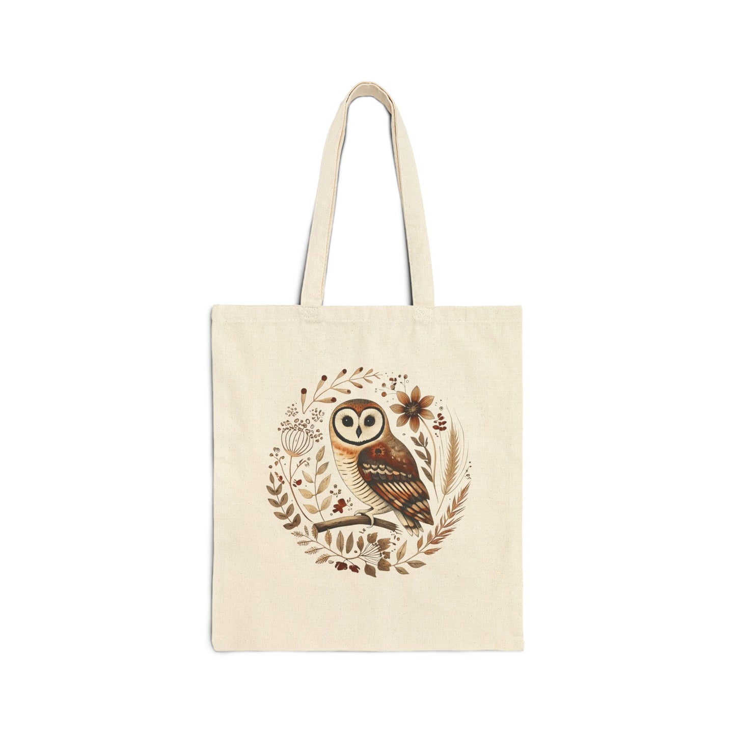 floral owl folk art cotton canvas tote bag in natural — hand-painted owl botanical tote by The Folk Brush