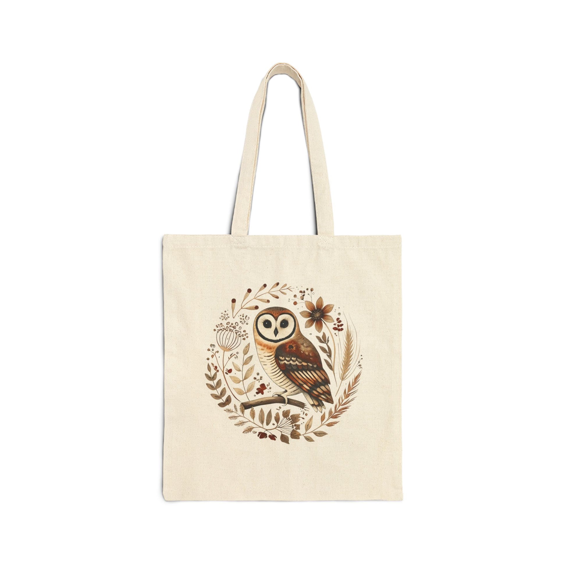 floral owl folk art cotton canvas tote bag in natural — hand-painted owl botanical tote by The Folk Brush