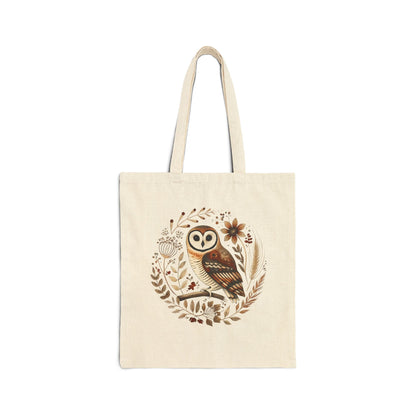 floral owl folk art cotton canvas tote bag in natural — hand-painted owl botanical tote by The Folk Brush