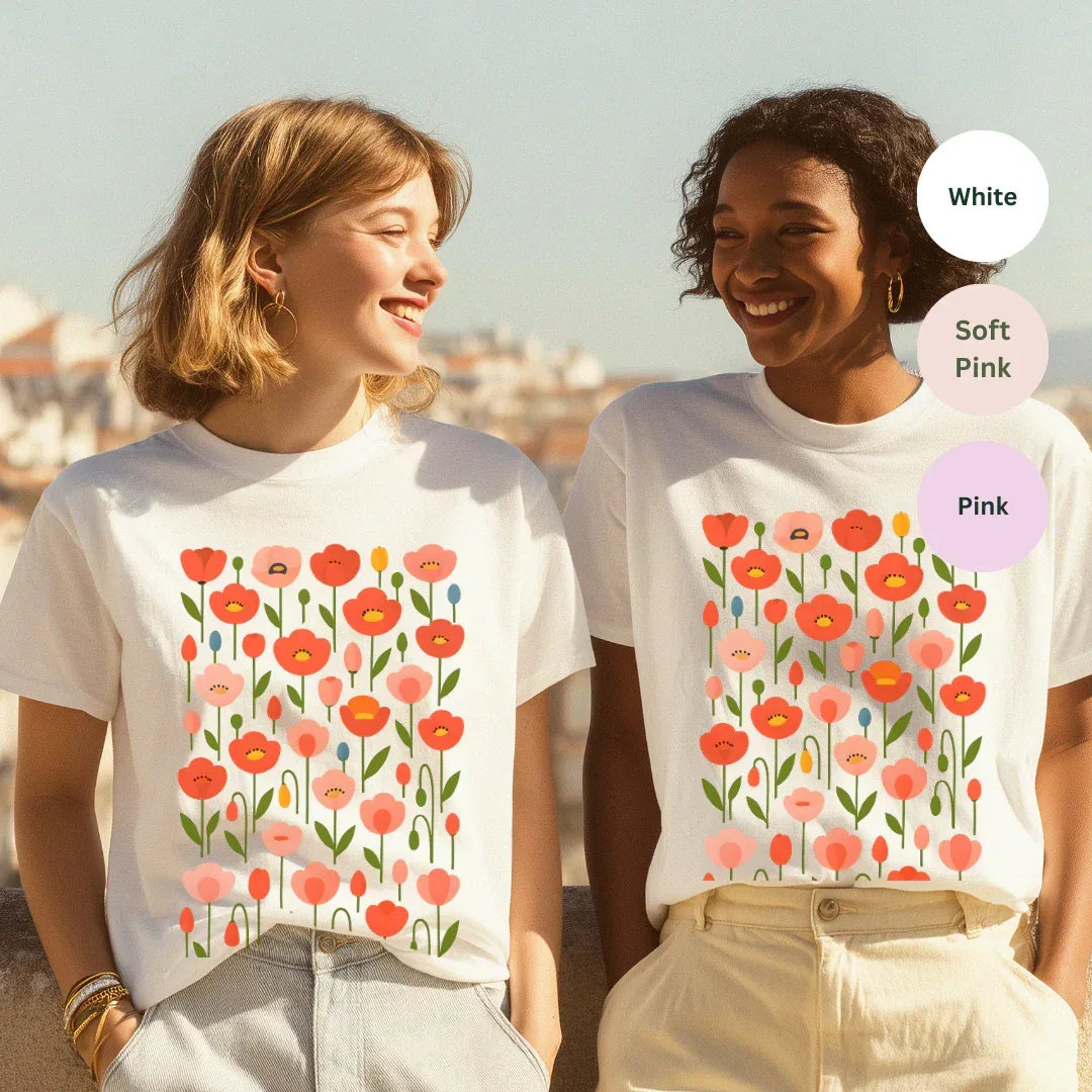 poppy garden folk art floral t-shirts in white — hand-painted coral poppy graphic tee by The Folk Brush
