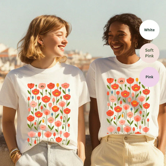 poppy garden folk art floral t-shirts in white — hand-painted coral poppy graphic tee by The Folk Brush