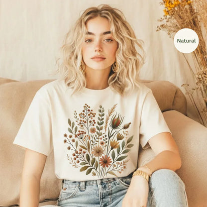 rustic wildflower folk art t-shirt in natural color — earthy botanical graphic tee by The Folk Brush