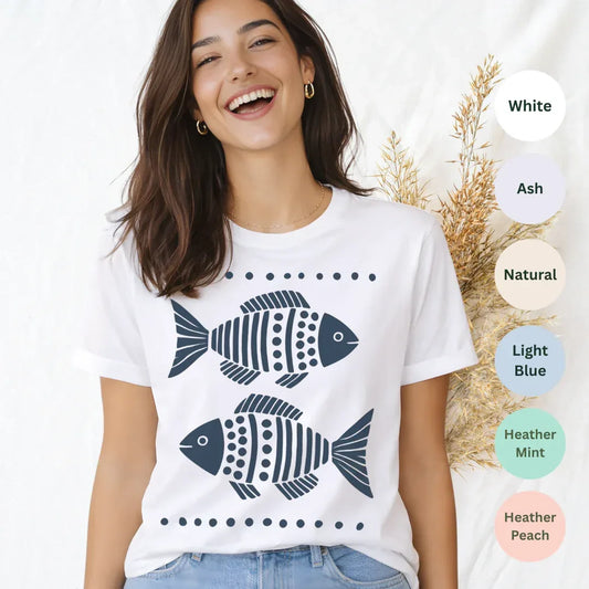 two folk fish graphic tee in white — hand-painted nautical folk art t-shirt by The Folk Brush