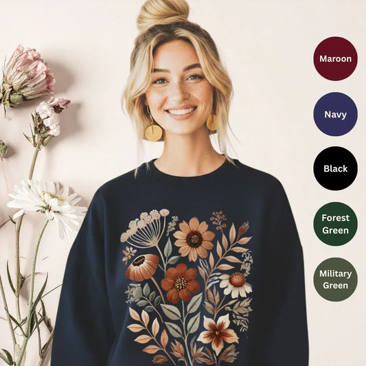vintage autumn floral folk sweatshirt in black — hand-painted rust and earthy tones folk crewneck by The Folk Brush