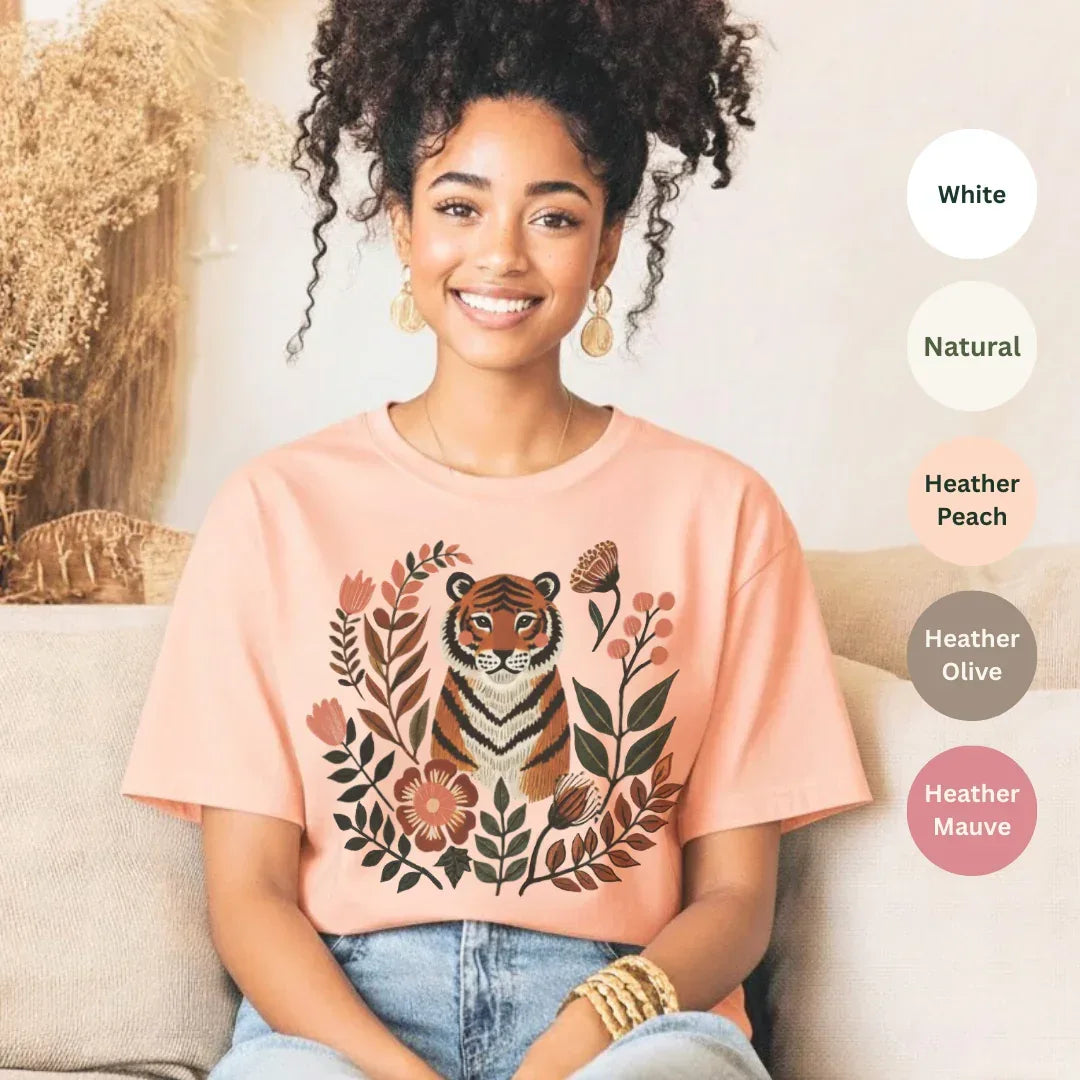 vintage botanical tiger t-shirt in heather peach — hand-painted folk art tiger graphic tee by The Folk Brush
