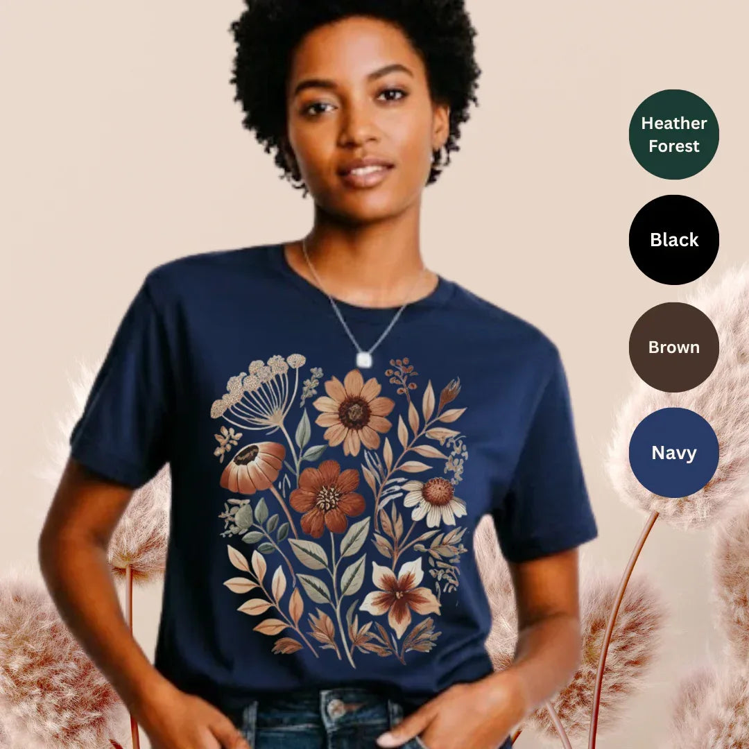 vintage fall floral folk art t-shirt in navy — hand-painted autumn botanical graphic tee by The Folk Brush