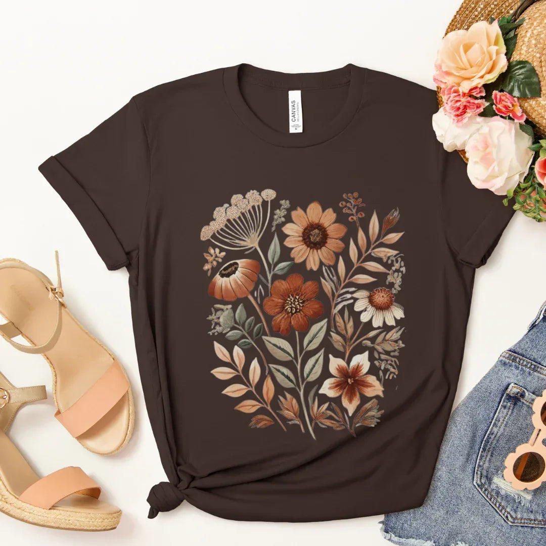 vintage fall wildflower folk art print —brown  botanical tee